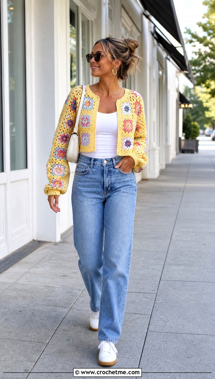 Cropped Granny Square Cardigan With Straight Leg Jeans - 15 Womens Granny Square Cardigan outfit ideas