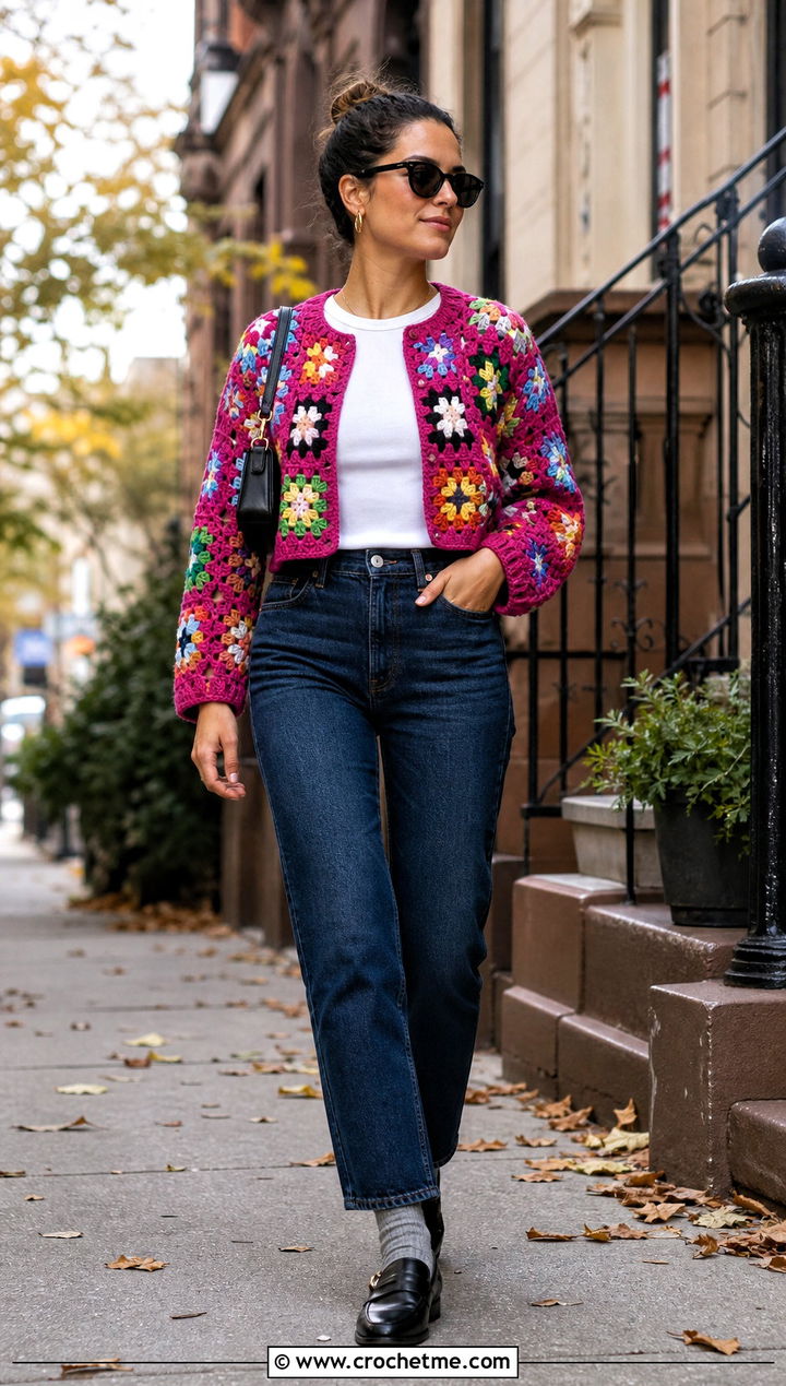 Cropped Granny Square Cardigan With Straight Leg Jeans - 20 Crochet Fall Granny Square Cardigan outfit ideas
