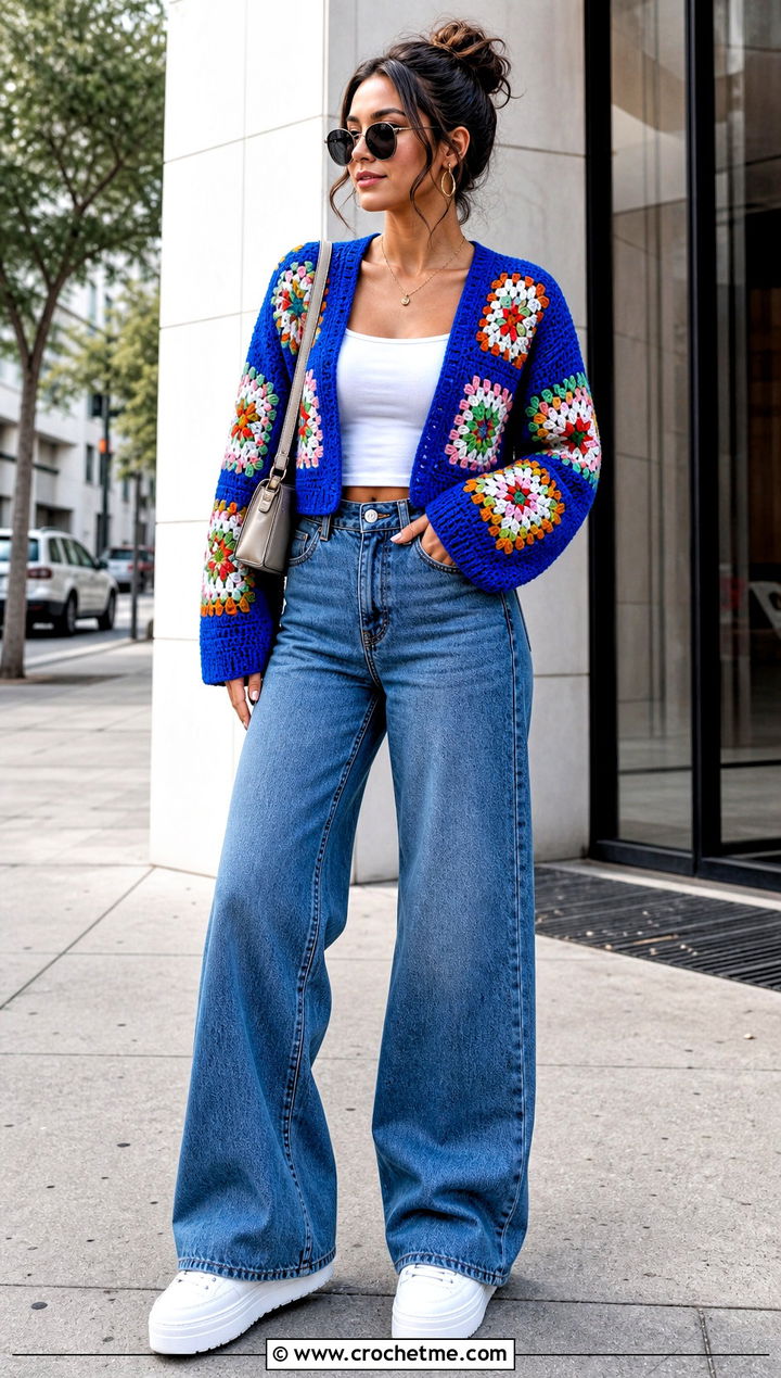 Cropped Granny Square Cardigan With Wide Leg Jeans - 25 For Granny Square Cardigan outfit ideas