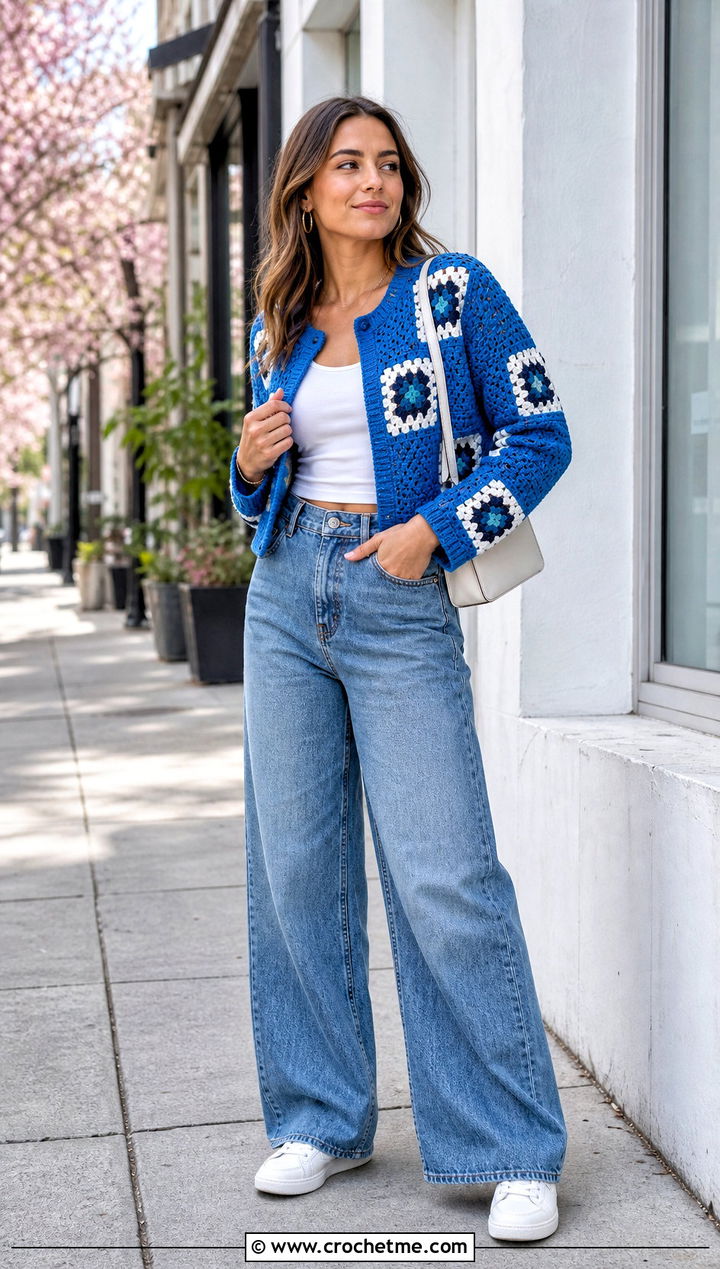 Cropped Granny Square Cardigan With Wide Leg Jeans - 25 granny crochet sweater outfit ideas