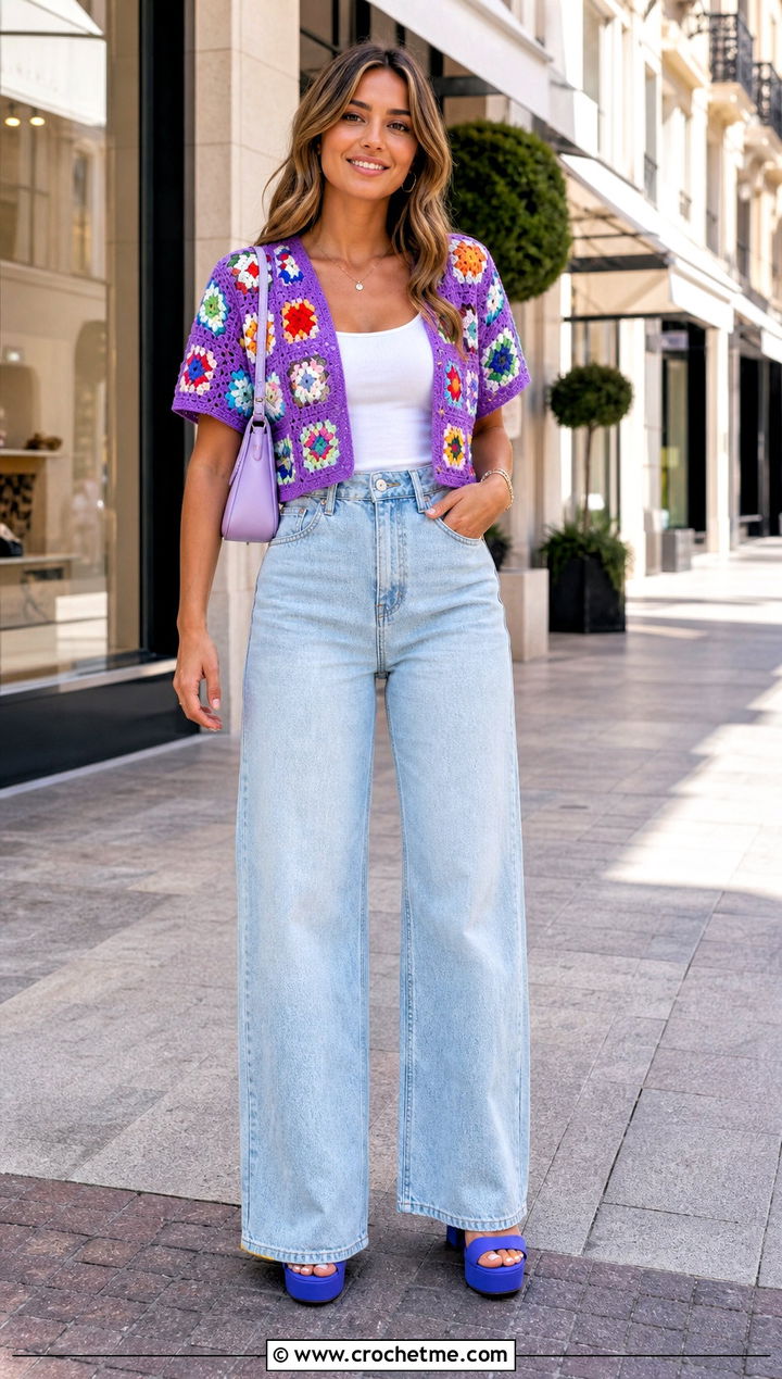 Cropped Granny Square Cardigan With Wide Leg Jeans - 25 short sleeve summer crochet cardigan outfit ideas