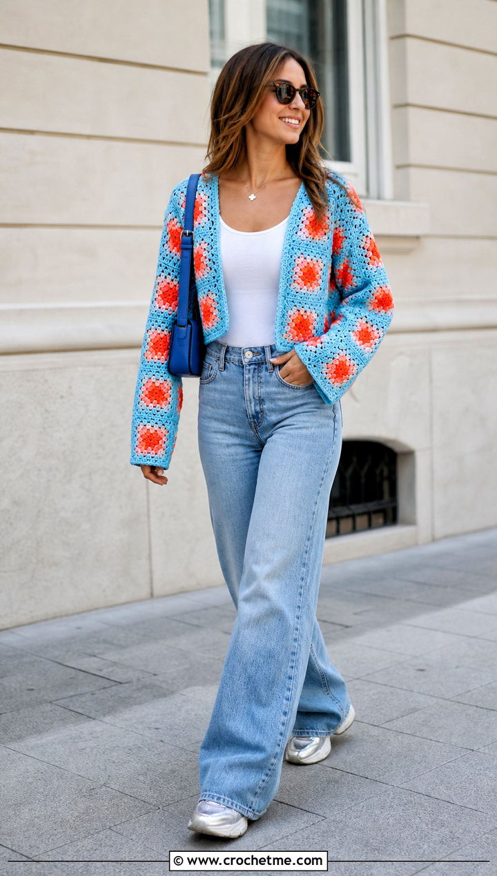 Cropped Granny Square Cardigan With Wide Leg Jeans - 30 cardigan with granny square outfit ideas