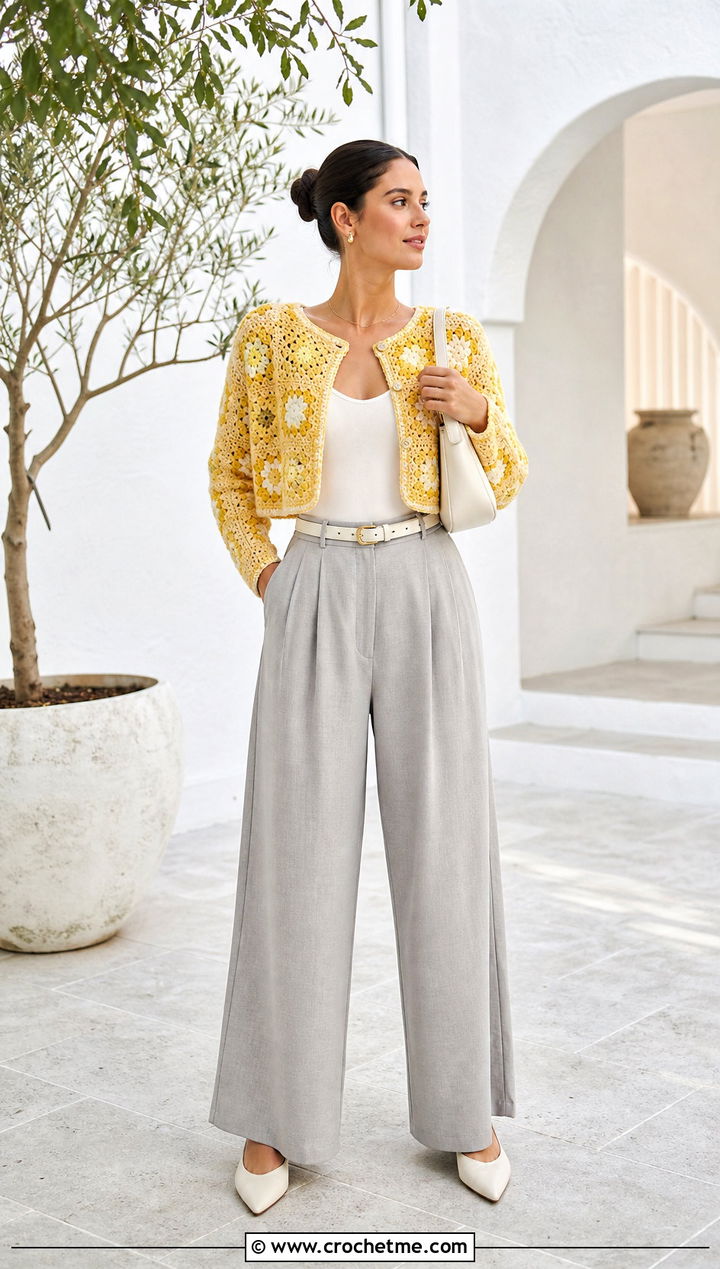 Cropped Granny Square Cardigan With Wide Leg Pants - 35 Easy Simple Crochet Granny Square Cardigan outfit ideas