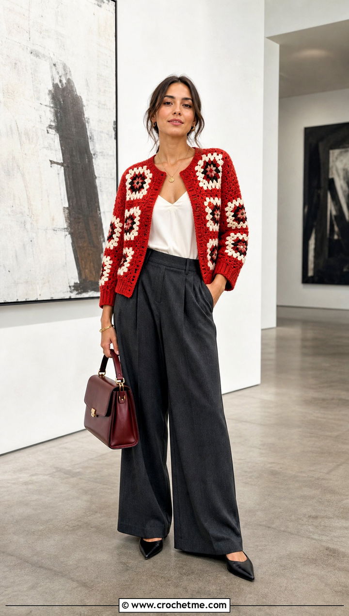 Cropped Granny Square Cardigan With Wide Leg Trousers - 30 granny squares clothes and outfit ideas