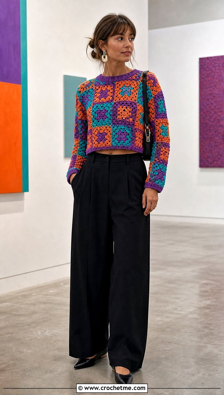 Cropped Granny Square Color Block Crochet Sweater With Wide Leg Pants - 25 Color Block Crochet Sweater outfit ideas