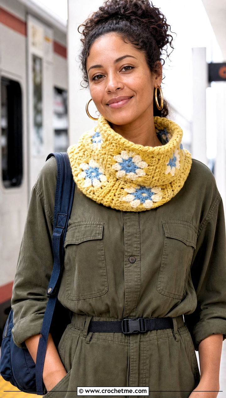 Cropped Granny Square Cowl With Utility Jumpsuit - 25 Granny Square Cowl outfit ideas