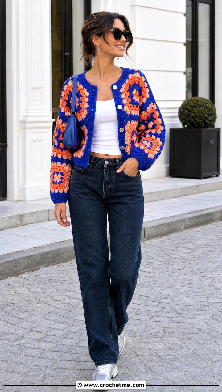 Cropped Granny Square Crochet Button Down Cardigan With Straight Jeans - 25 crochet button down cardigan outfit ideas