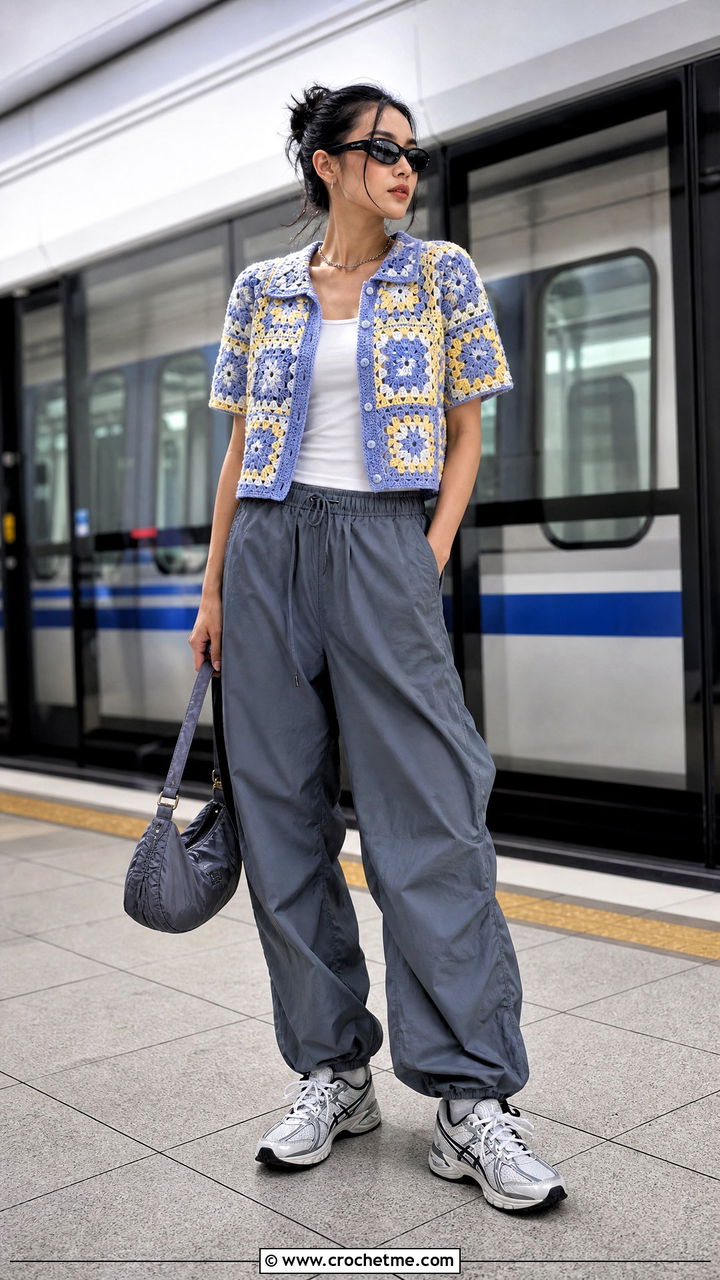 Cropped Granny Square Crochet Button Up Shirt With Parachute Pants - 35 crochet button up shirt outfit ideas
