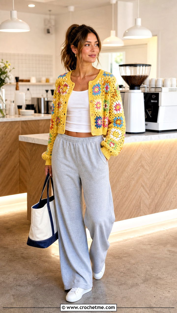 Cropped Granny Square Crochet Cardigan With Lounge Pants - 15 Ultimate Lounge Crochet Cardigan outfit ideas