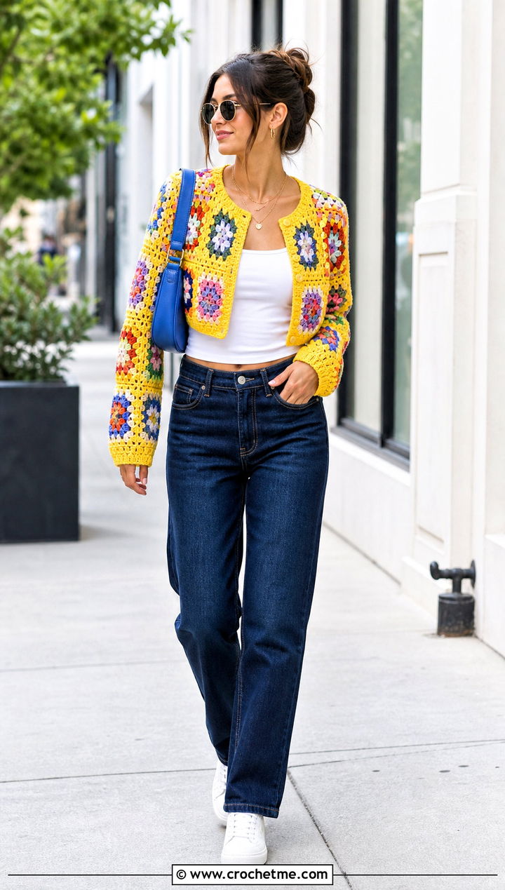 Cropped Granny Square Crochet Cardigan With Straight Jeans - 30 fast crochet cardigan outfit ideas