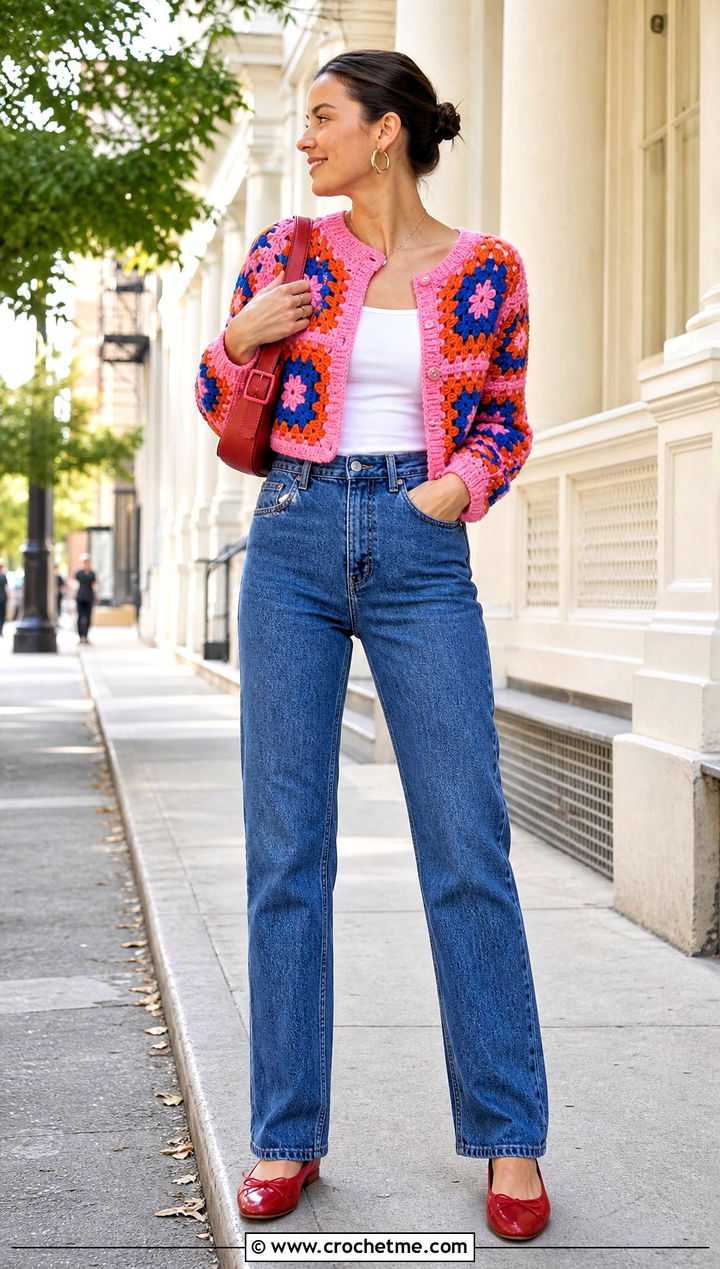 Cropped Granny Square Crochet Cardigan With Straight Leg Jeans - 25 womens crochet cardigan outfit ideas