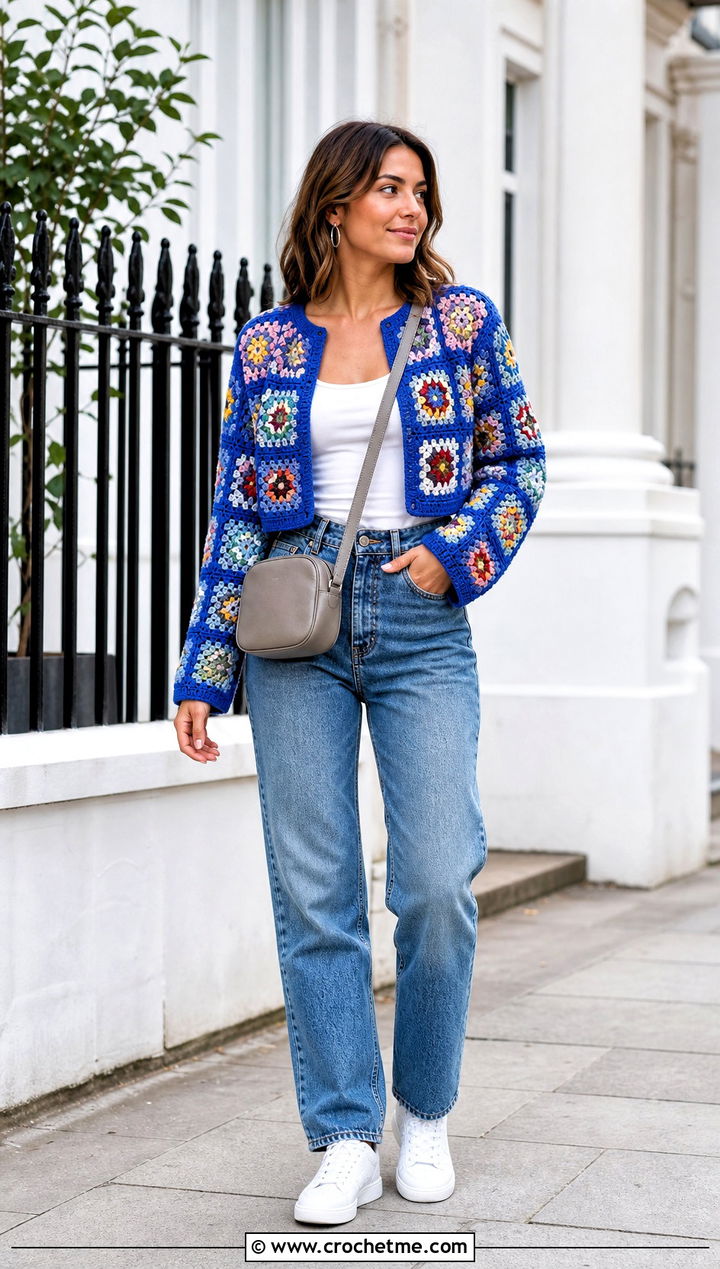 Cropped Granny Square Crochet Cardigan With Straight Leg Jeans - 15 easiest crochet cardigan outfit ideas