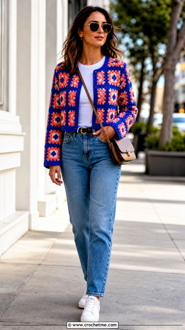 Cropped Granny Square Crochet Cardigan With Straight Leg Jeans - 35 granny square crochet cardigan outfit ideas