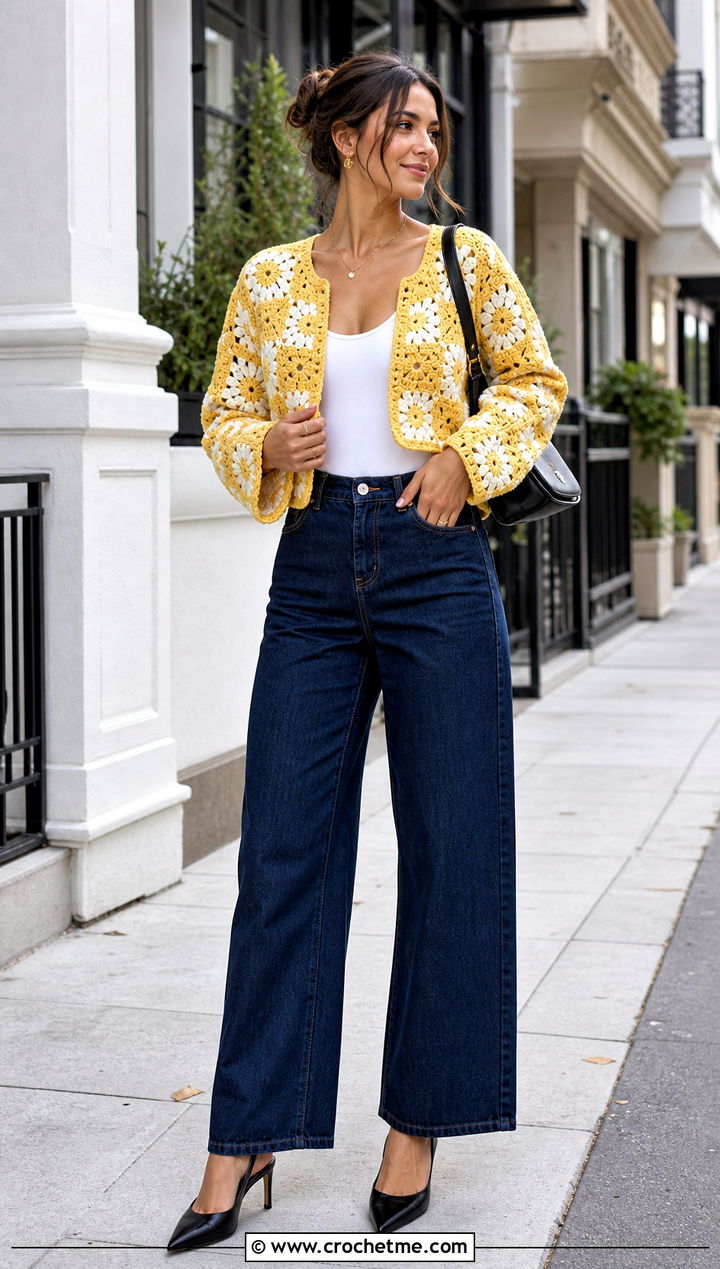 Cropped Granny Square Crochet Cardigan With Wide Leg Jeans - 25 elegant crochet cardigan outfit ideas