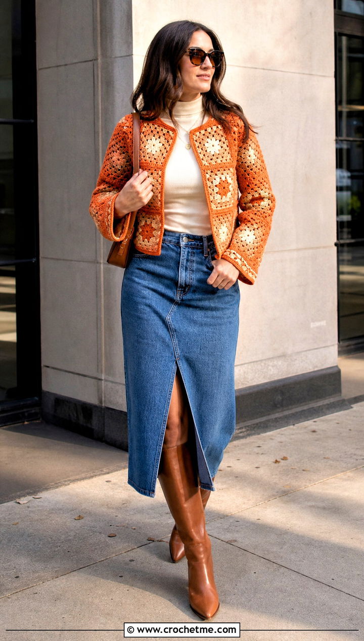 Cropped Granny Square Crochet Coat With Denim Midi Skirt - 25 Granny Square Crochet Coat outfit ideas