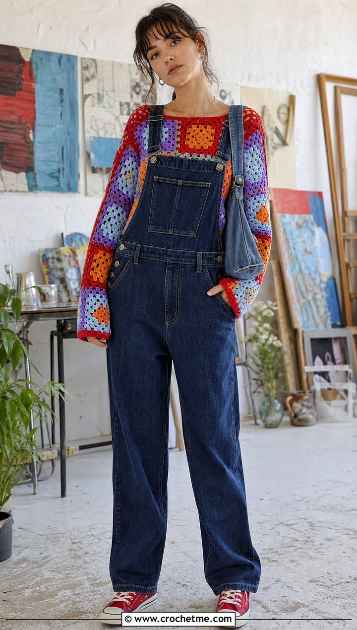 Cropped Granny Square Crochet Colorblock Sweater With Overalls - 30 crochet colorblock sweater outfit ideas