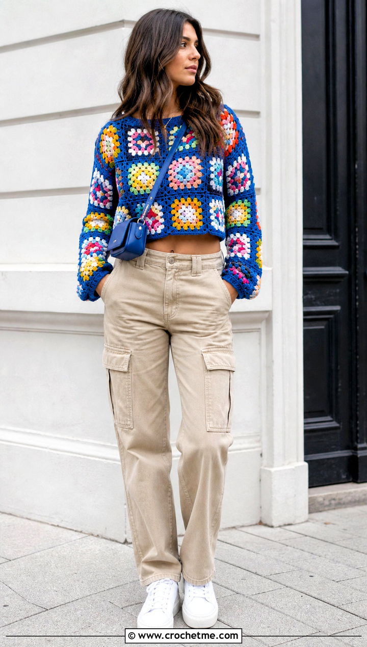 Cropped Granny Square Crochet Cotton Jumper With Cargo Pants - 15 Crochet Cotton Jumper outfit ideas