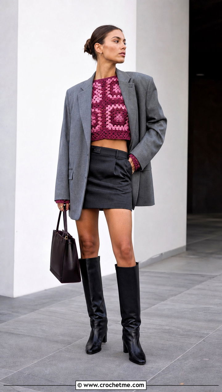 Cropped Granny Square Crochet Long Sleeve Top With Blazer And Mini Skirt - 25 Granny Square Crochet Long Sleeve Top outfit ideas