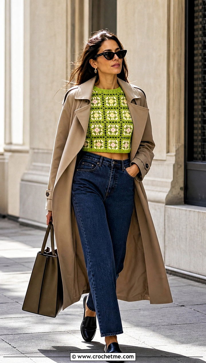 Cropped Granny Square Crochet Long Sleeve Top With Trench Coat - 25 Granny Square Crochet Long Sleeve Top outfit ideas