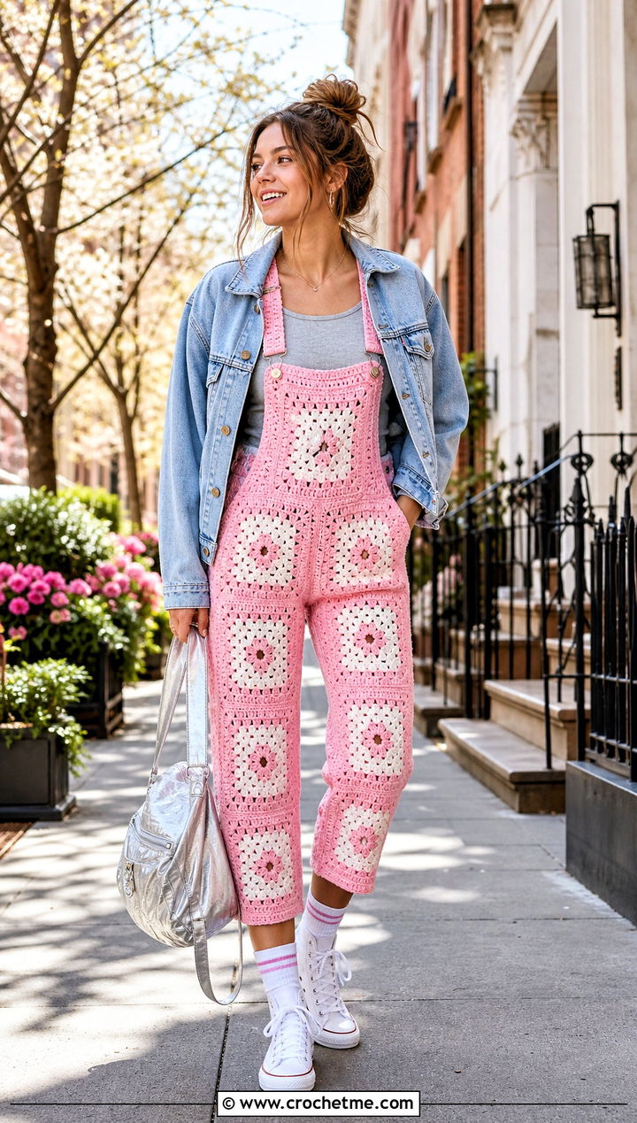 Cropped Granny Square Crochet Overalls With Denim Jacket - 20 Granny Square Crochet Overalls outfit ideas