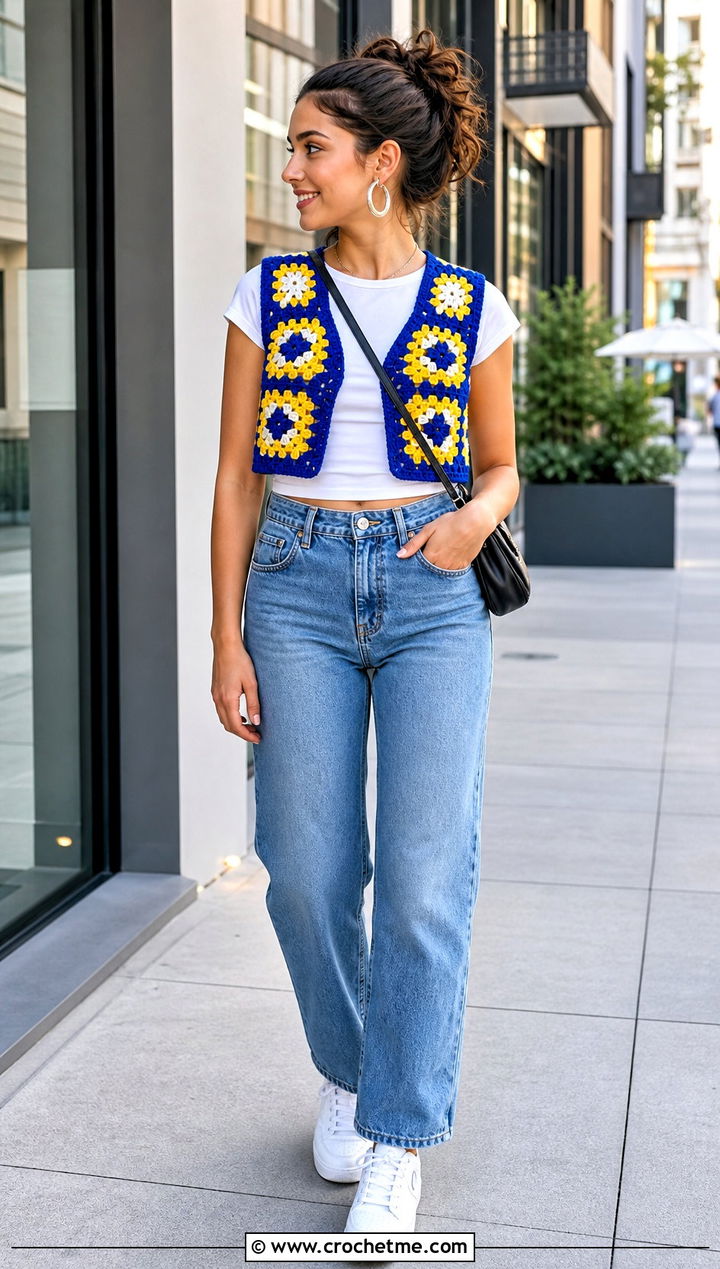 Cropped Granny Square Crochet Vest With Straight Leg Jeans - 15 modern crochet vest outfit ideas