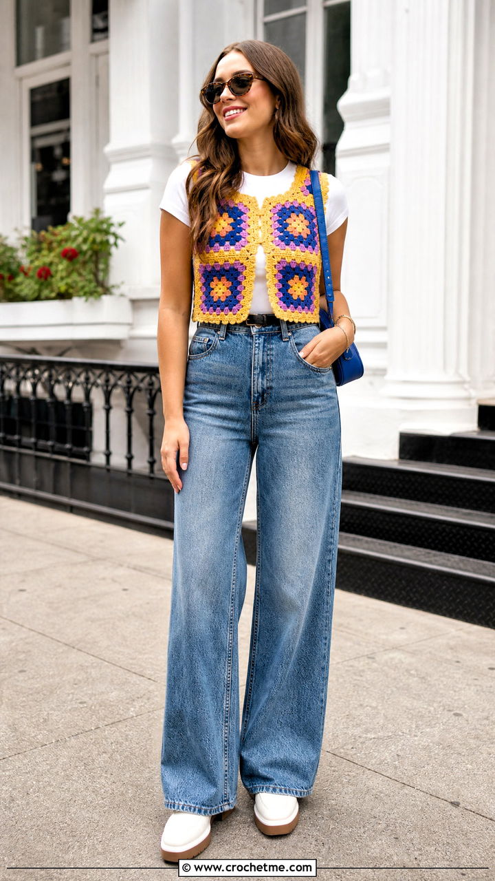 Cropped Granny Square Crochet Vest With Wide Leg Jeans - 35 crochet vest woman outfit ideas