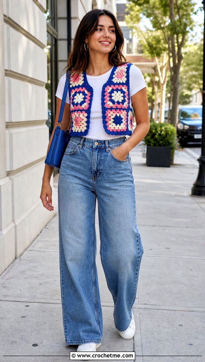 Cropped Granny Square Crochet Waistcoat With Wide Leg Jeans - 20 ladies crochet waistcoat outfit ideas