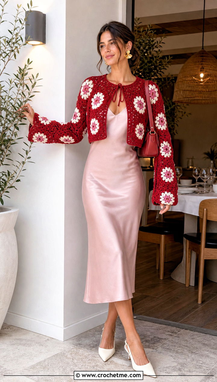 Cropped Granny Square Hexagon Crochet Cardigan With Slip Dress - 20 Hexagon Crochet Cardigan With Granny Squares outfit ideas