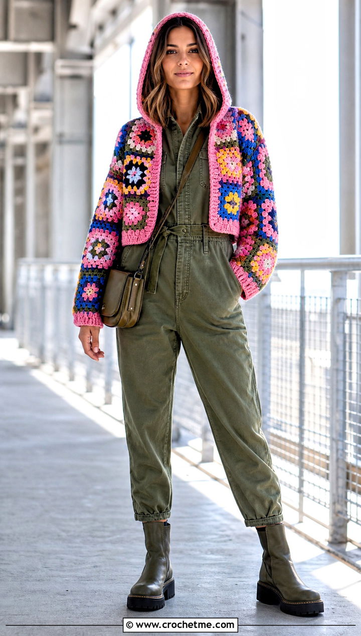 Cropped Granny Square Hooded Crochet Cardigan With Utility Jumpsuit - 35 hooded crochet cardigan outfit ideas
