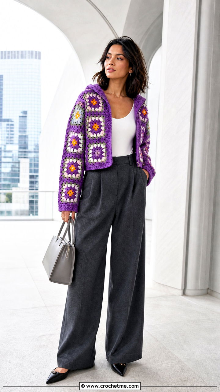 Cropped Granny Square Hoodie With Wide Leg Trousers - 35 granny square hoodie outfit ideas