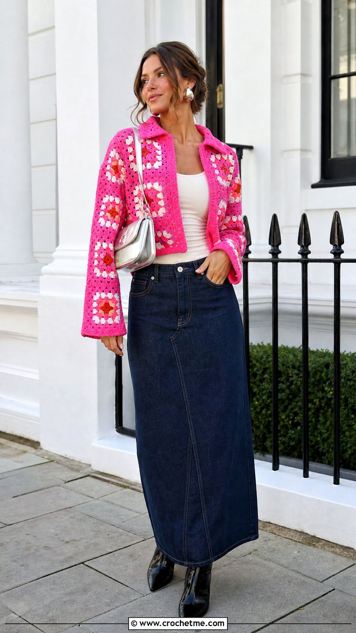 Cropped Granny Square Jacket With Denim Maxi Skirt - 35 granny square clothes and outfit ideas