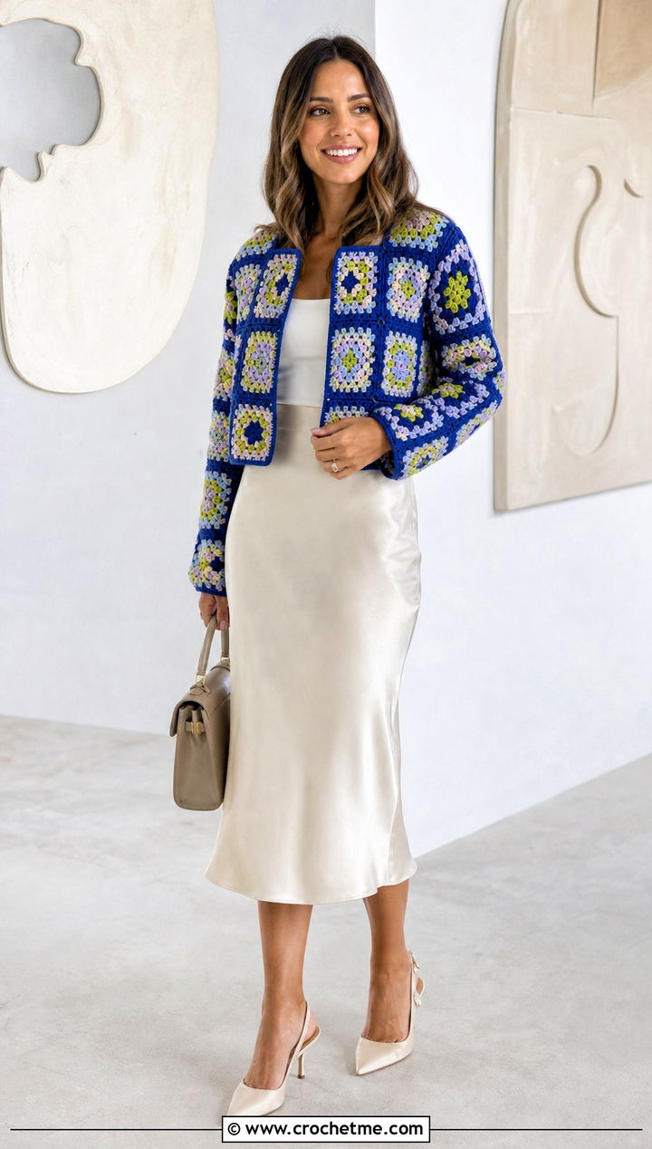 Cropped Granny Square Jacket With Satin Midi Skirt - 15 Colorful Crochet Jacket Design outfit ideas