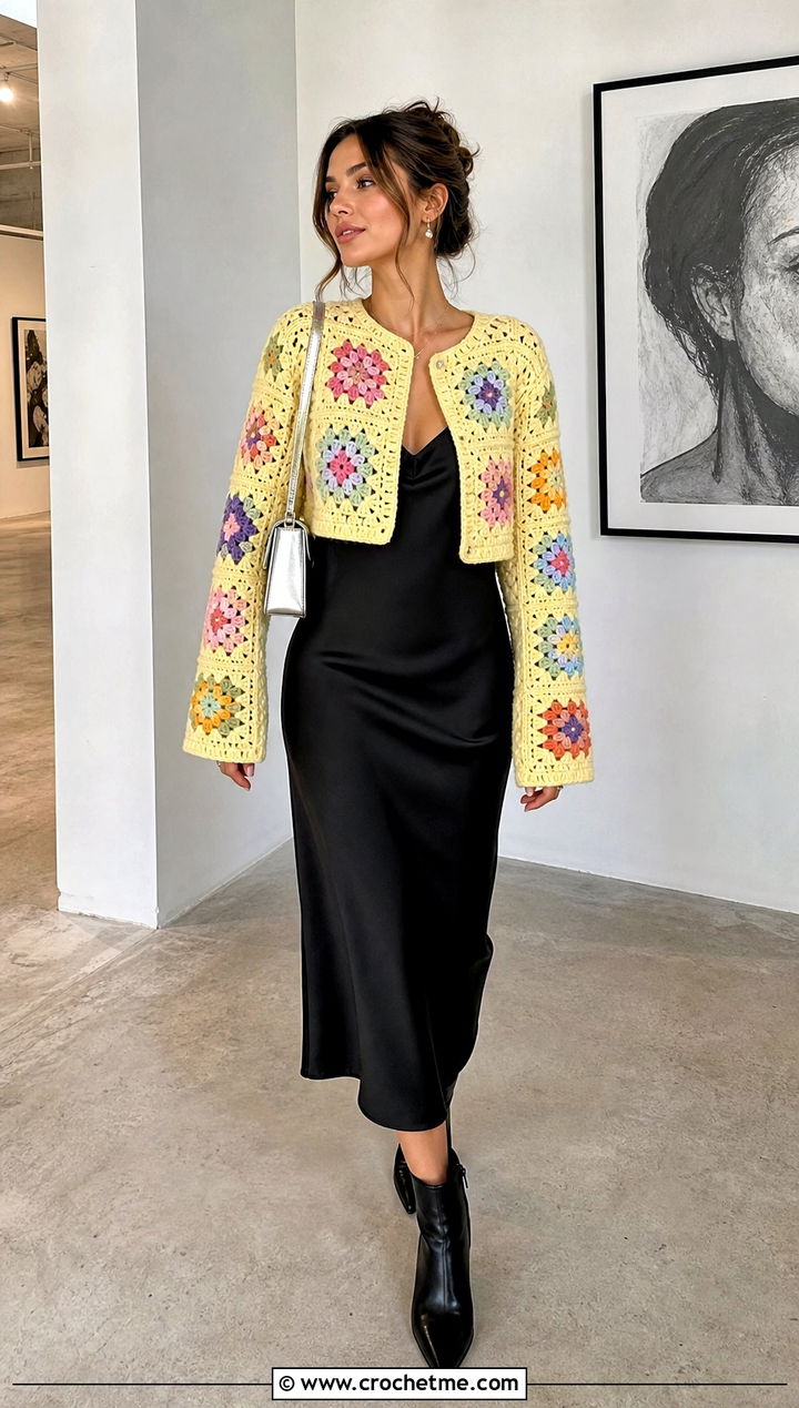 Cropped Granny Square Jacket With Slip Dress - 30 crochet square jacket outfit ideas