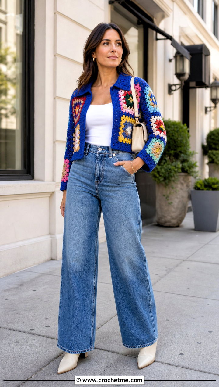 Cropped Granny Square Jacket With Wide Leg Jeans - 30 granny square jackets outfit ideas