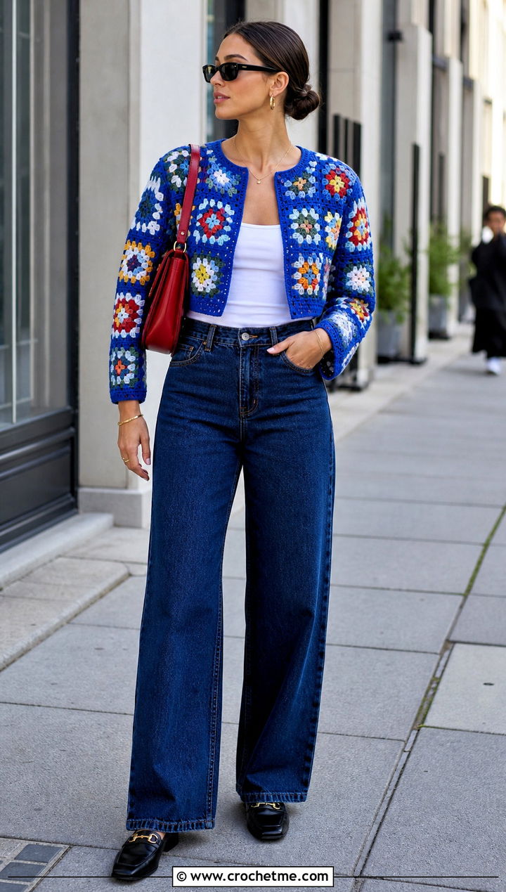 Cropped Granny Square Jacket With Wide Leg Jeans - 30 crochet granny square jacket outfit ideas