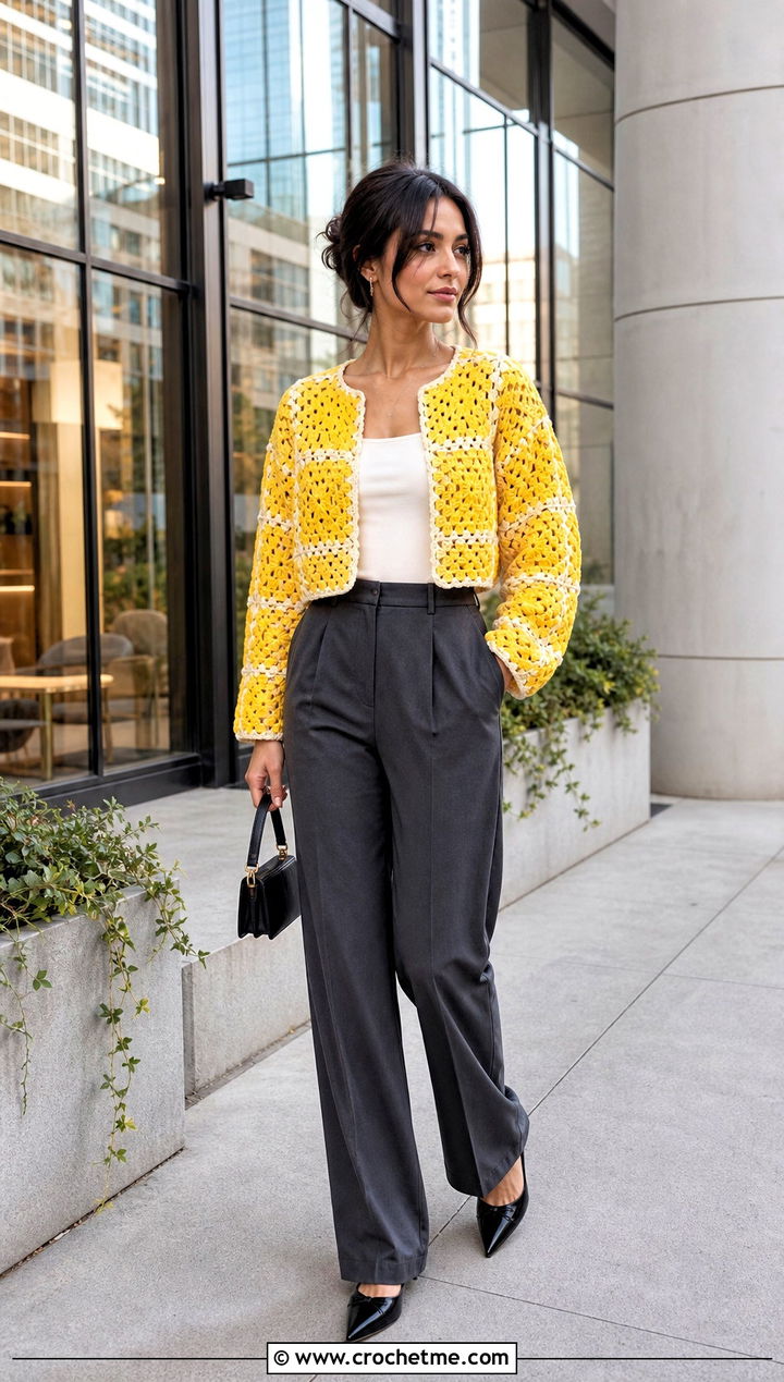 Cropped Granny Square Jumper With High Waisted Trousers - 30 crochet square jumper outfit ideas