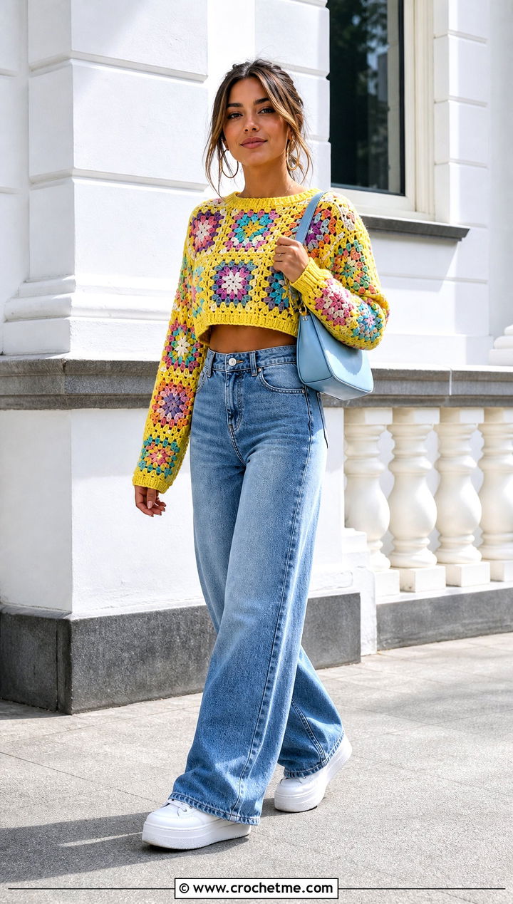 Cropped Granny Square Jumper With Wide Leg Jeans - 35 granny square jumper outfit ideas