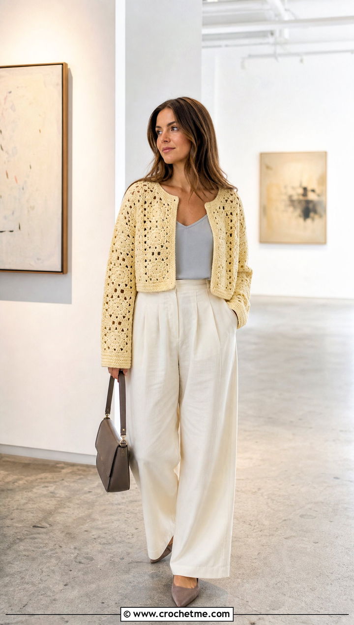 Cropped Granny Square Jumper With Wide Leg Trousers - 25 Crochet Granny Jumper outfit ideas