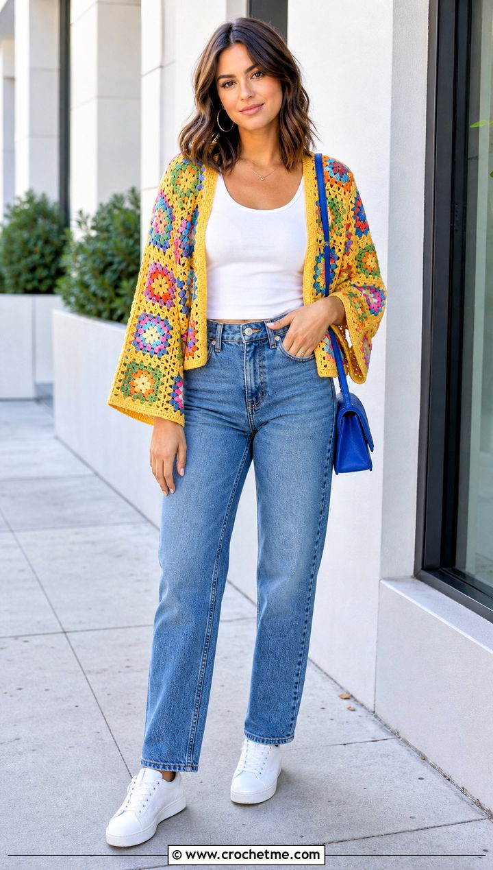 Cropped Granny Square Kimono With High Waisted Jeans - 15 crochet granny square kimono outfit ideas