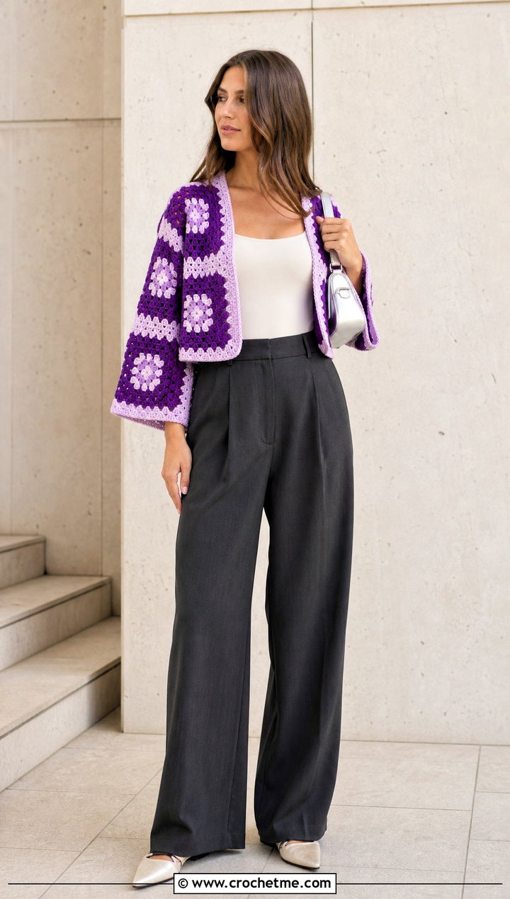 Cropped Granny Square Kimono With Wide Leg Pants - 30 granny square kimono outfit ideas