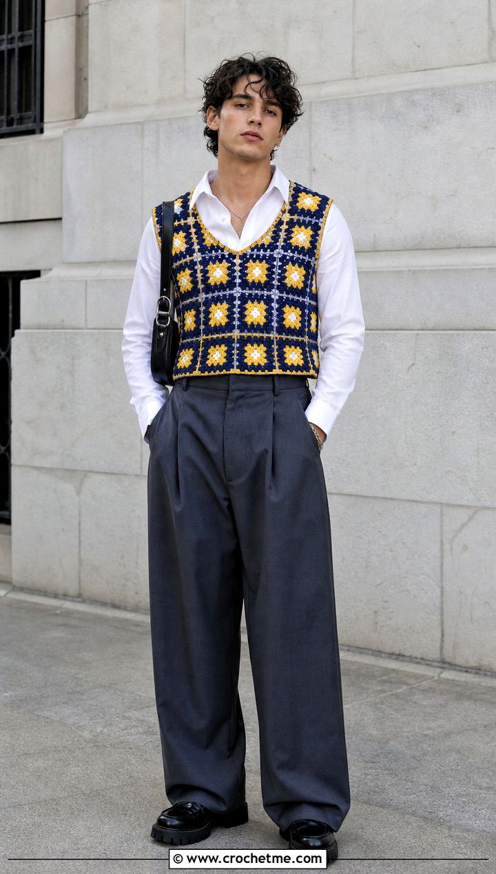 Cropped Granny Square Mens Vest With Wide Leg Trousers - 25 crochet granny square mens vest outfit ideas
