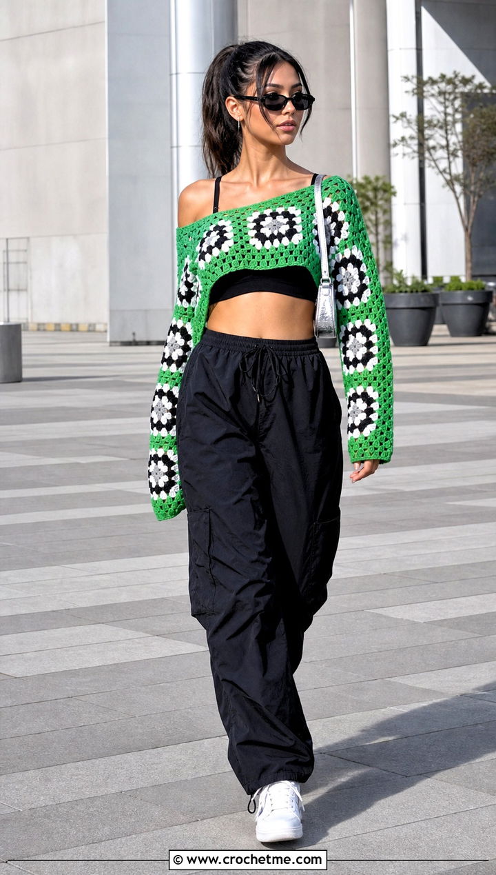 Cropped Granny Square Off The Shoulder Sweater With Parachute Pants - 20 granny square off the shoulder sweater outfit ideas