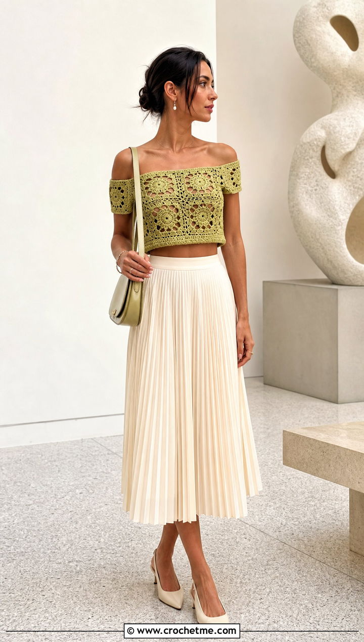 Cropped Granny Square Off The Shoulder Top With Pleated Midi Skirt - 15 Crochet Off The Shoulder Granny Square Top outfit ideas