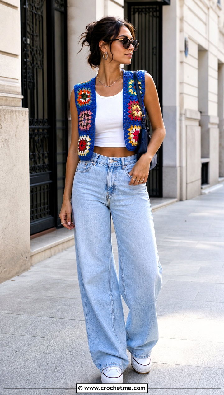 Cropped Granny Square Open Vest With Wide Leg Jeans - 25 granny square open vest outfit ideas