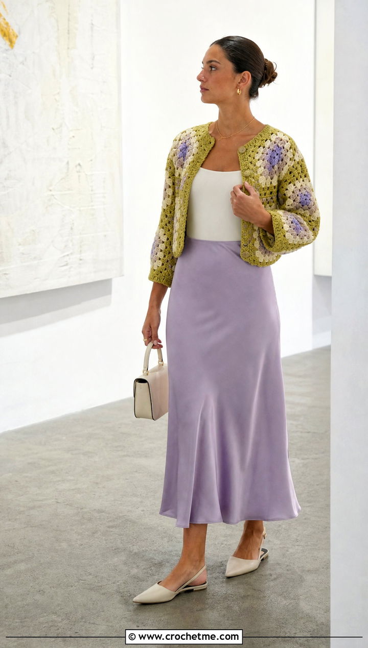 Cropped Granny Square Patchwork Crochet Cardigan With Satin Midi Skirt - 15 harry styles patchwork crochet cardigan outfit ideas
