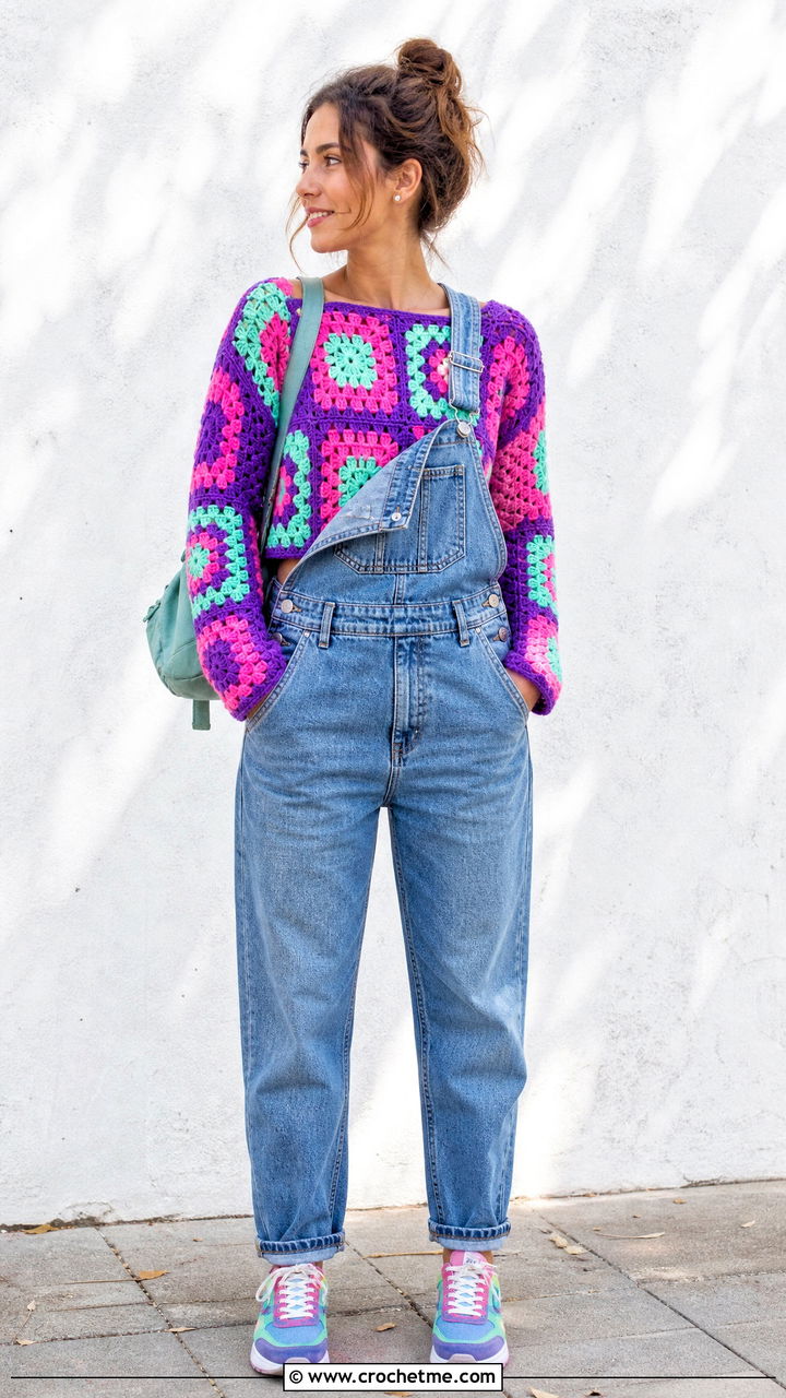 Cropped Granny Square Patchwork Crochet Sweater With Overalls - 35 patchwork crochet sweater outfit ideas