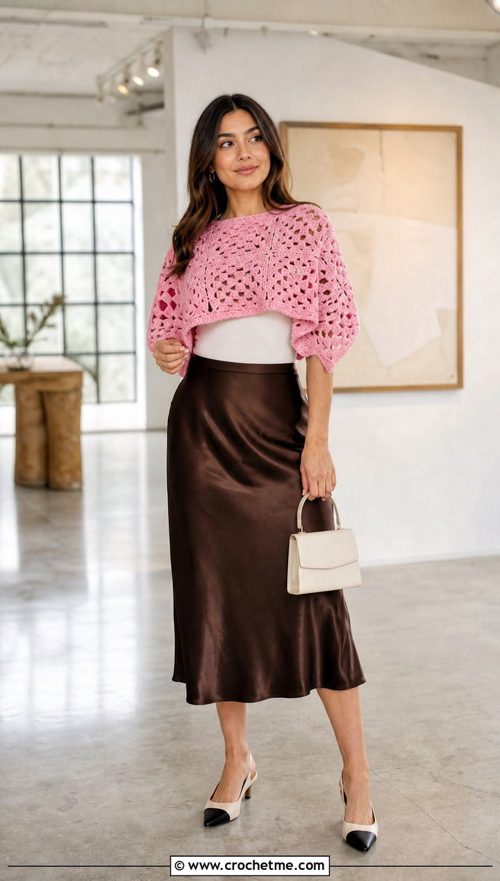 Cropped Granny Square Poncho With Satin Midi Skirt - 15 easy granny square poncho outfit ideas