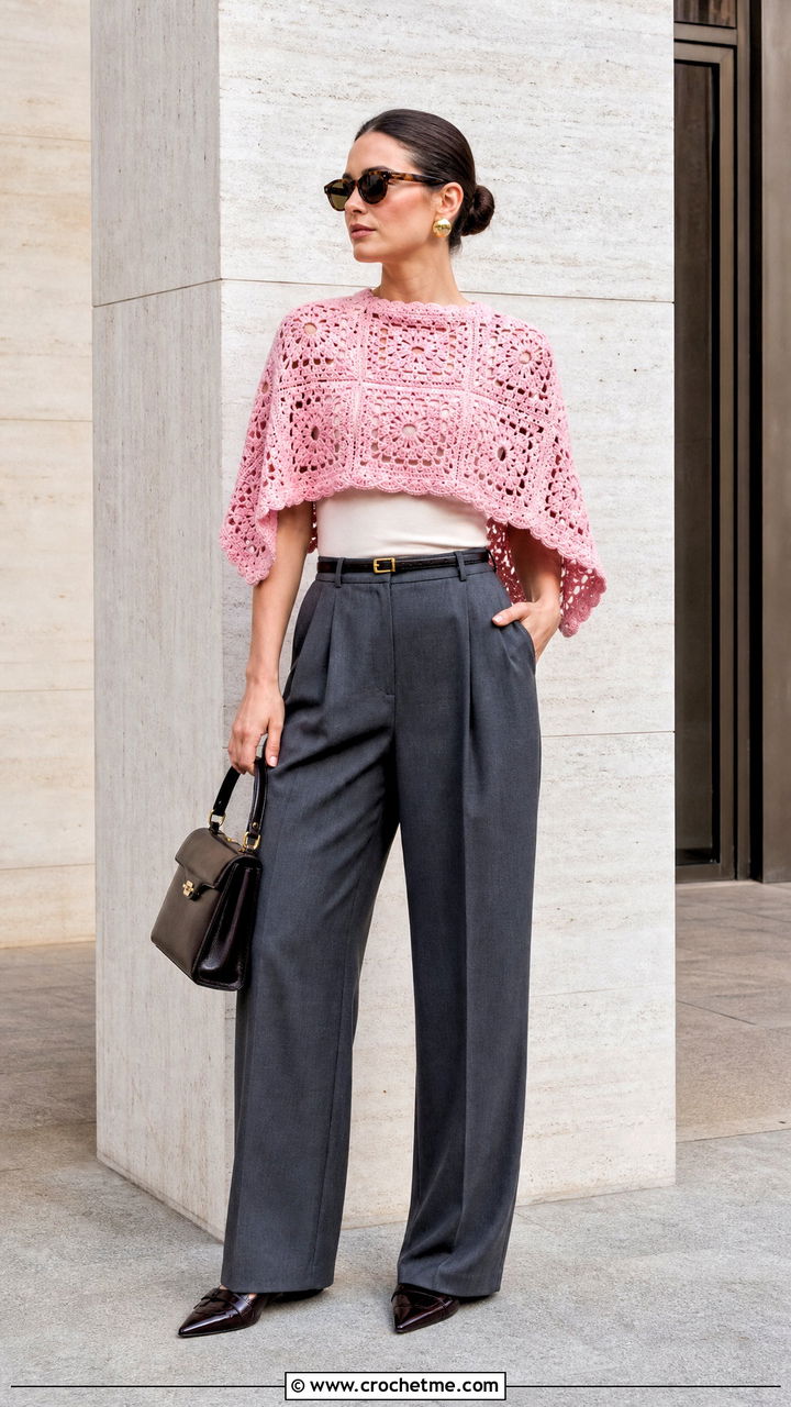 Cropped Granny Square Poncho With Wide Leg Trousers - 35 crochet granny square poncho outfit ideas