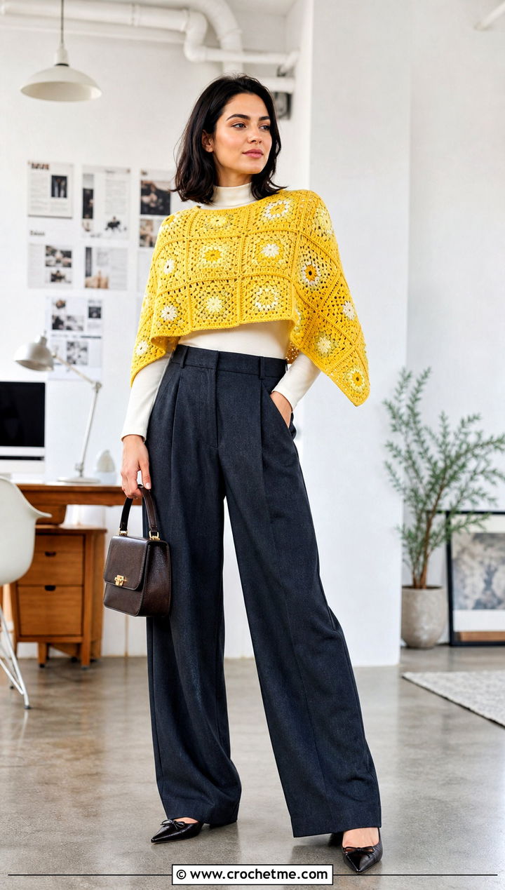 Cropped Granny Square Poncho With Wide Leg Trousers - 25 Granny Squares Poncho outfit ideas
