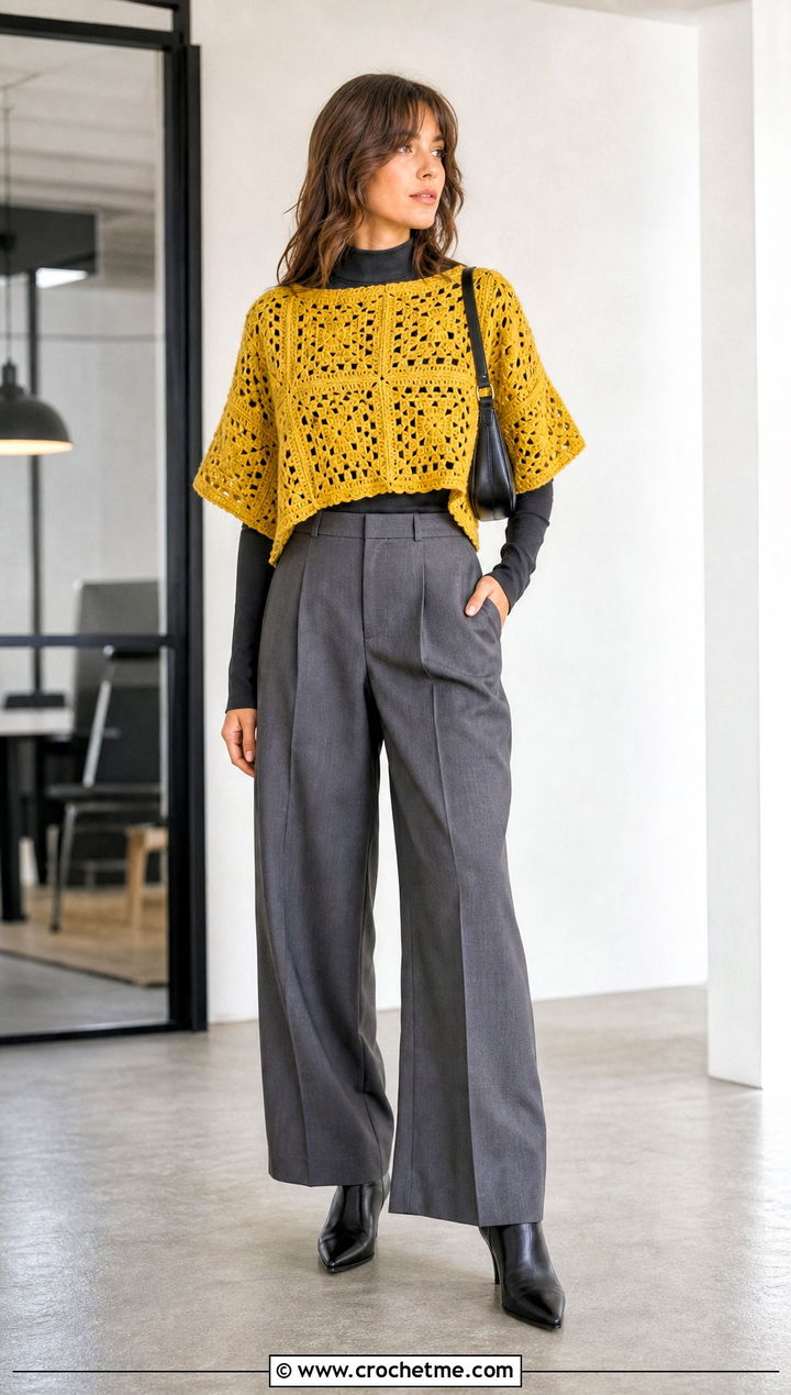 Cropped Granny Square Poncho With Wide Leg Trousers - 30 crochet square poncho outfit ideas